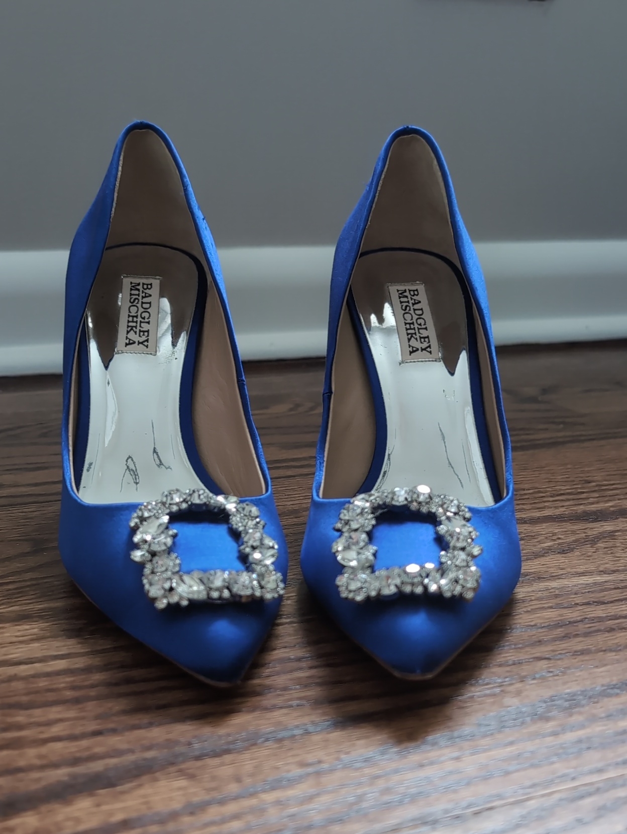 Badgley Mischka Cobalt Blue Satin Pointed-Toe Pumps With Crystal Buckles